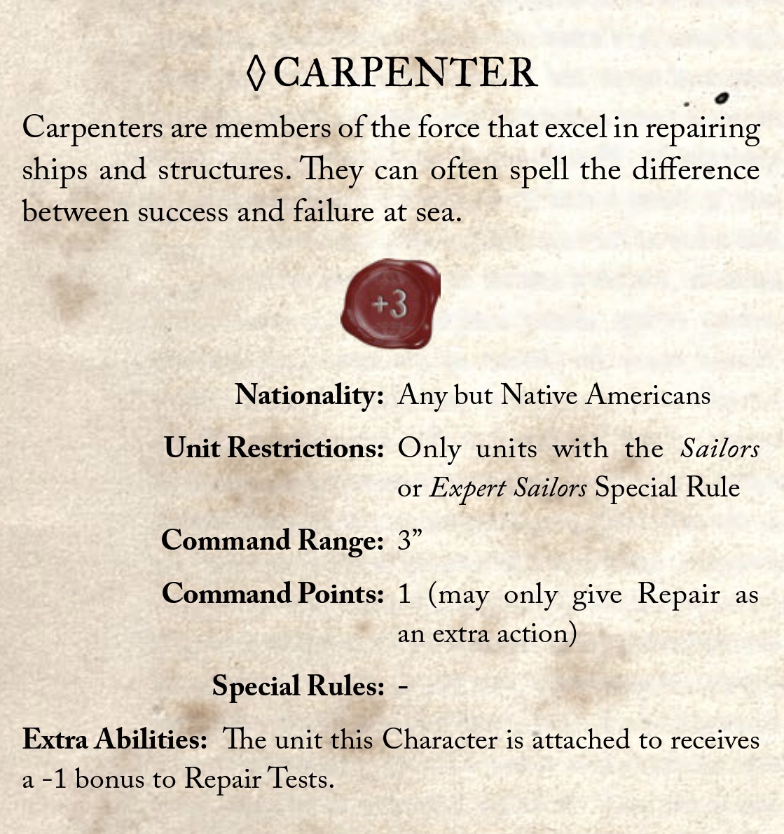 Blood & Plunder Characters - Carpenter Model Stats and Special Abilities
