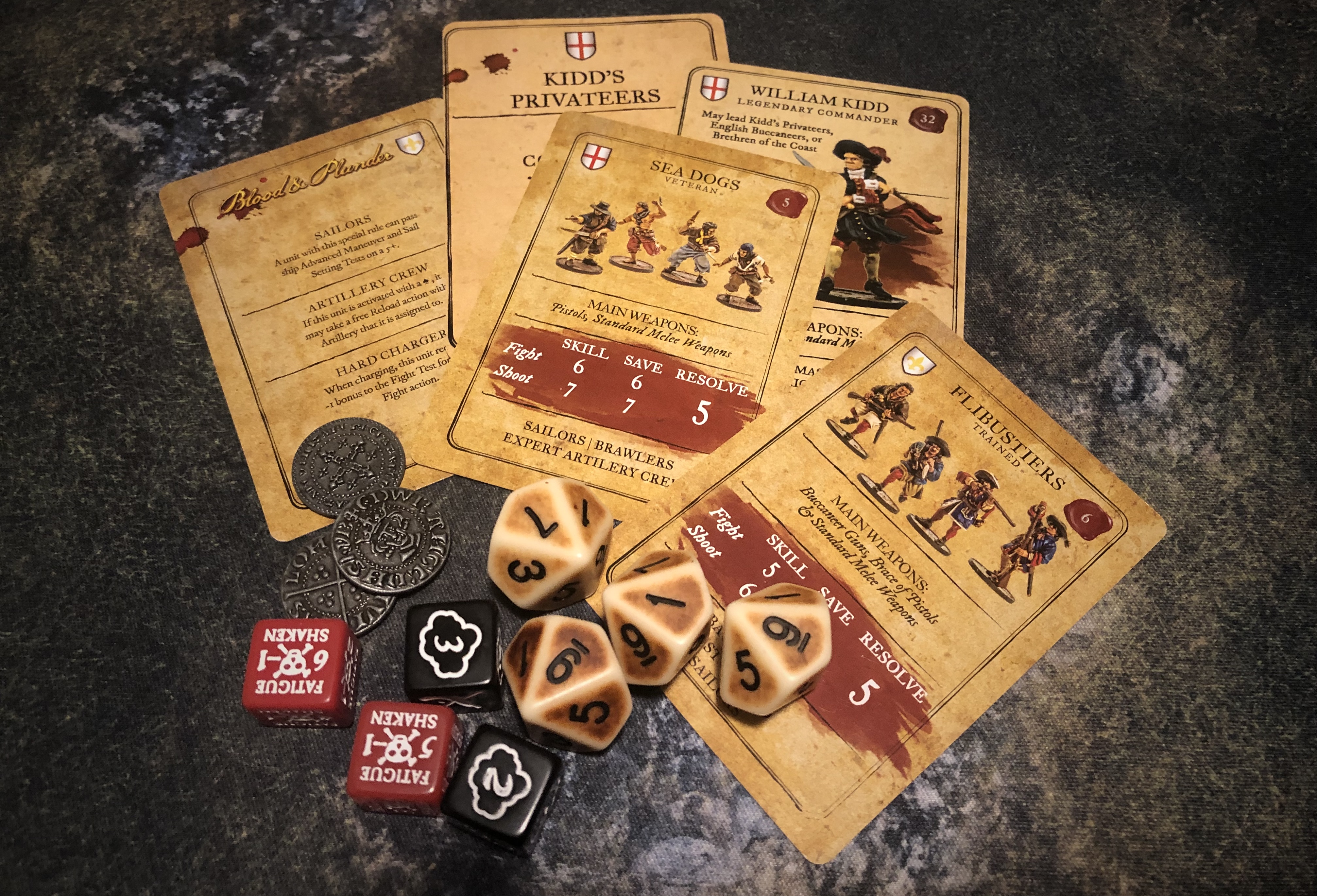 Fortune Tokens, dice, unit cards