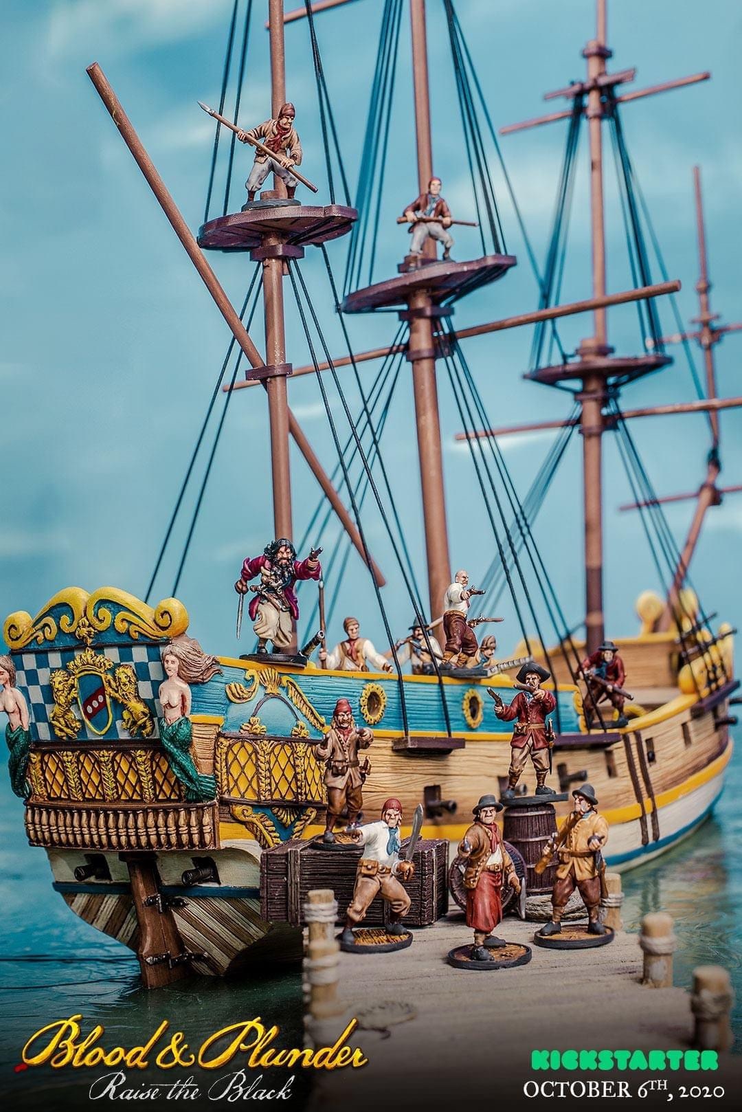 Queen Anne's Revenge ship and Blackbeard's Crew on a dock in game of Blood & Plunder: Raise the Black   