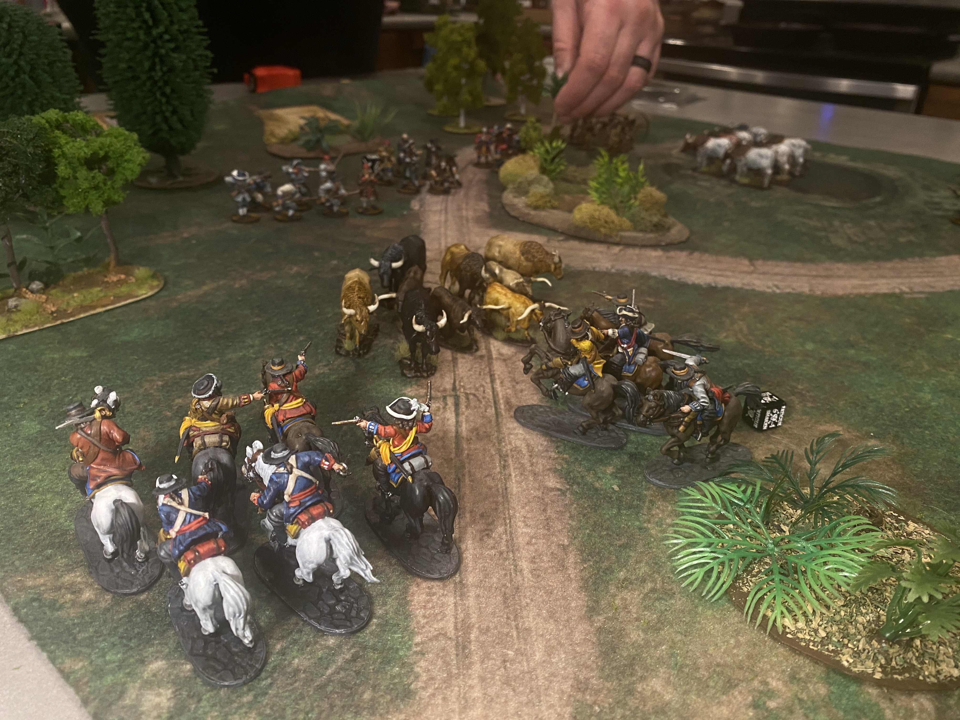 Blood & Plunder Cavalry models and livestock on the game table
