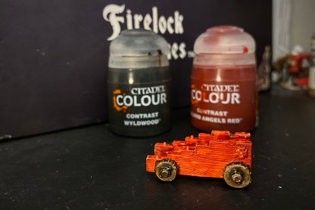 Naval Cannon Carriage - red and black, Games WOrkshop Citadel Colour Contrast Wyldwood and Blood Angels Red contrast paints