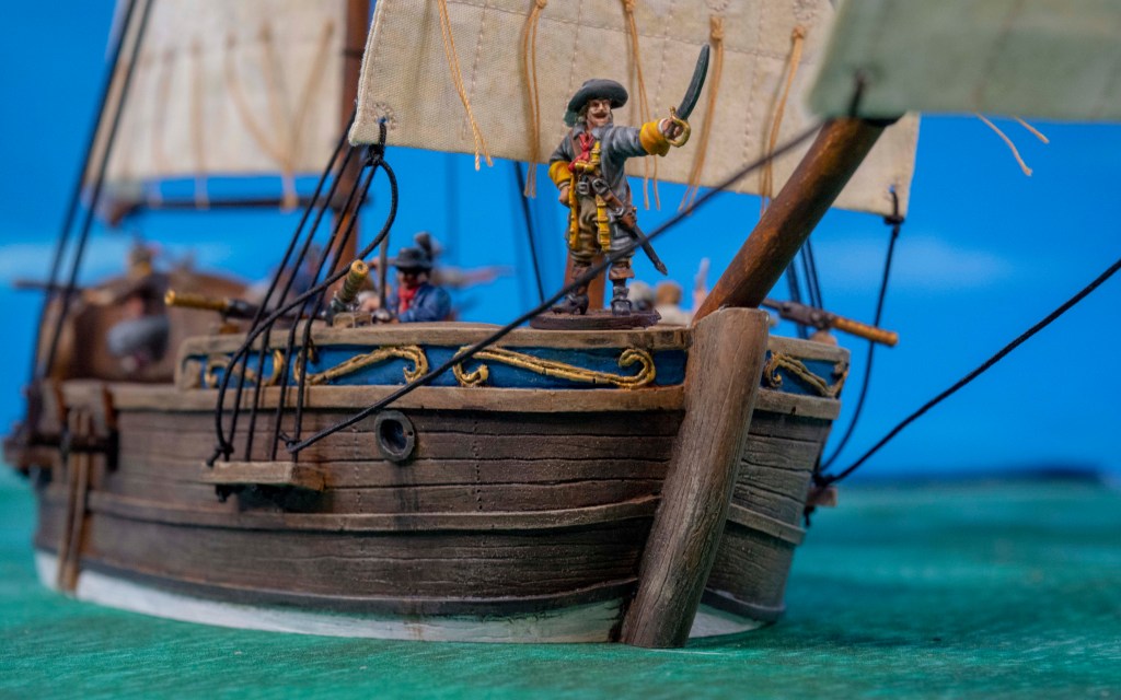 blood and plunder brigantine with a Reformado model on the bow
