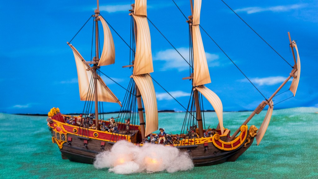 Blood & Plunder 6th Rate Frigate firing cannons side view