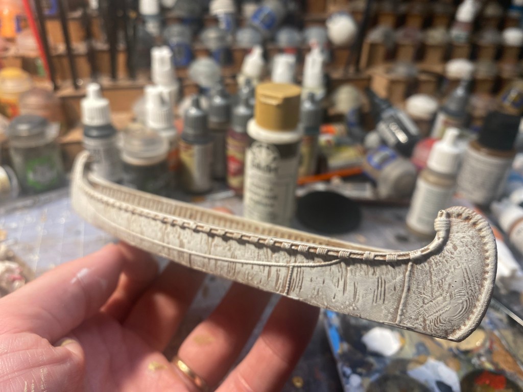 blood and Plunder birchbark canoe drybrush