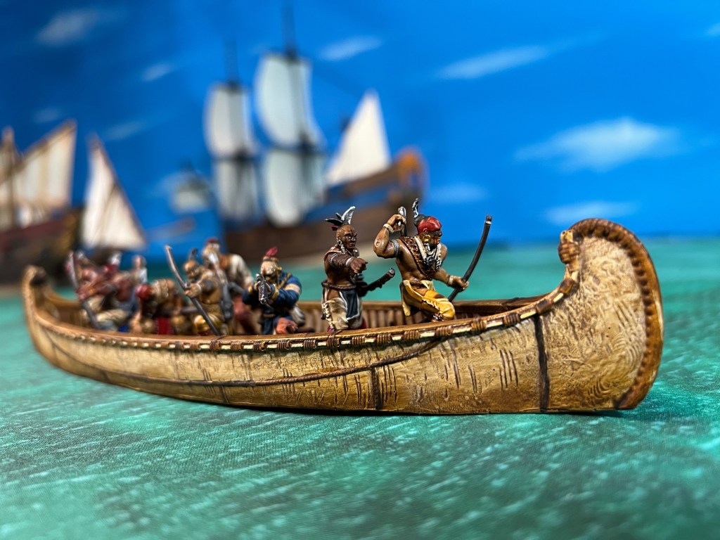 Native American miniatures in a birchbark canoe from Blood & Plunder