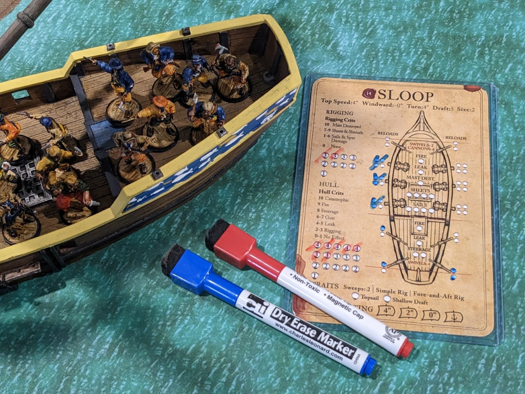 Sloop ship model + Ship Card in a sleeve with dry erase markers