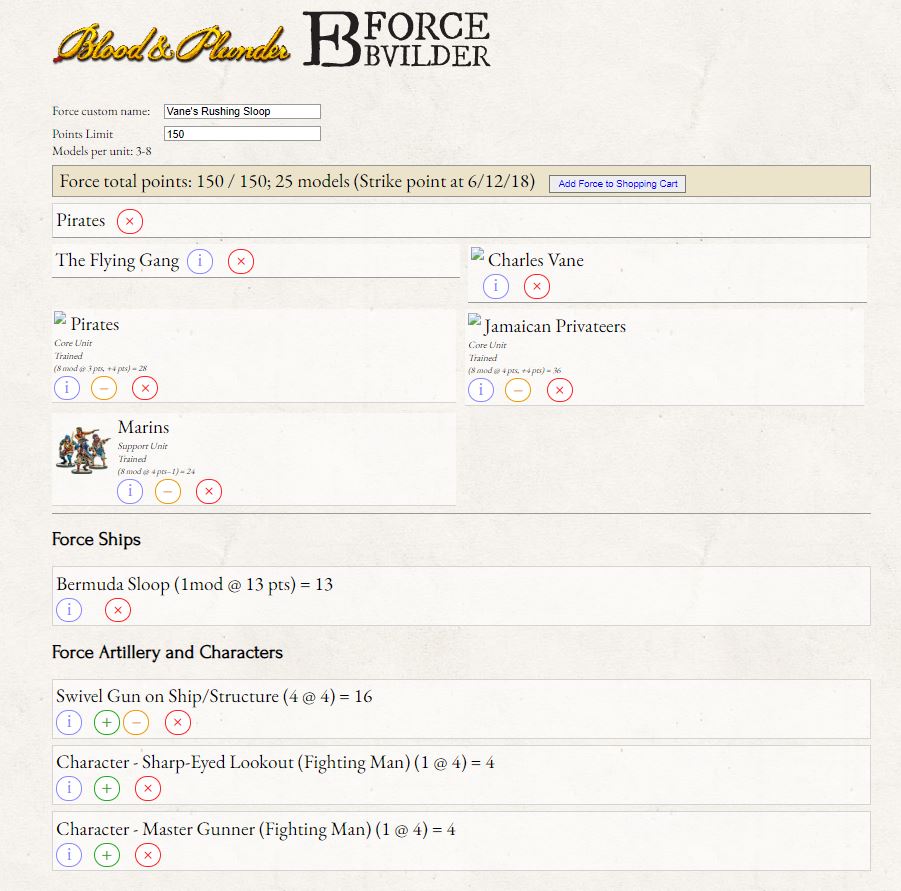 charles Vane force list from the blood and plunder force builder