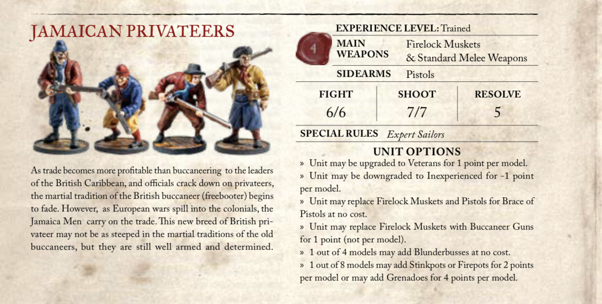 stats for jamaican privateers from blood and plunder