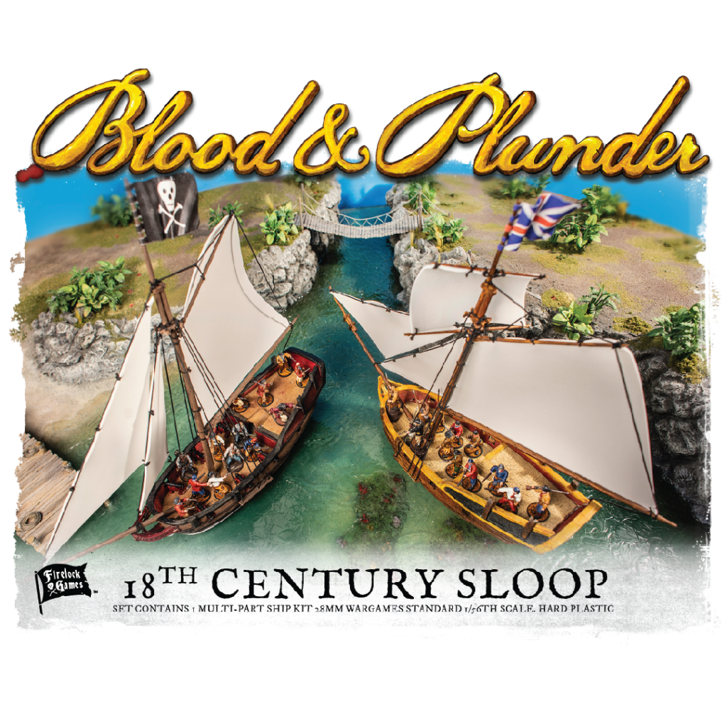 Blood & Plunder 18th Century Sloop - 28mm Plastic Pirate Ship Model (front of the box)