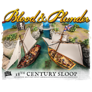 Blood & Plunder 18th Century Sloop - 28mm Plastic Pirate Ship Model (front of the box)