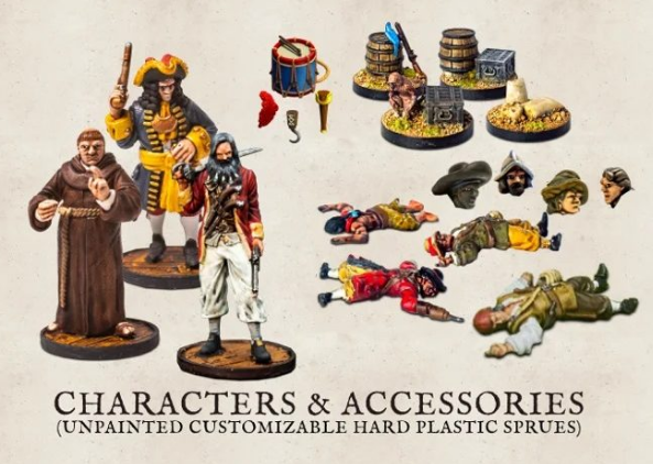 Port Royal "Box of Plunder" Characters and Accessories - Blackbeard, 18th Century Officer, Spiritual Leader, casualty markers and more!