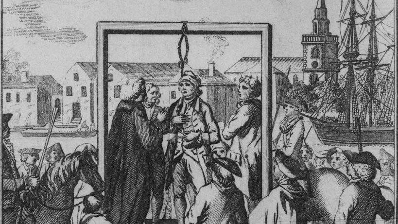 18th century engraving of "A Pirate hanged at Execution Dock". Image provided with permission by the National Maritime Museum, London