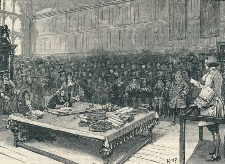 "Trial of Captain Kidd" Captain Kidd before the Bar of the House of Commons. Public domain photo from Getty Images