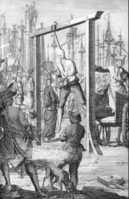 An early 18th-century engraving showing the hanging of the Barbadian pirate Stede Bonnet in South Carolina in November 1718. (From an edition of 'A General History of the Robberies and Murders of the Most Notorious Pyrates' by D. Defoe/Charles Johnson).