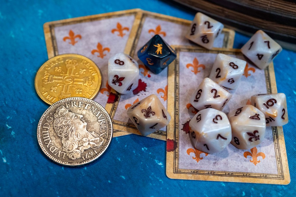 French dice from Baron of Dice, fortune tokens, cards for Blood & Plunder