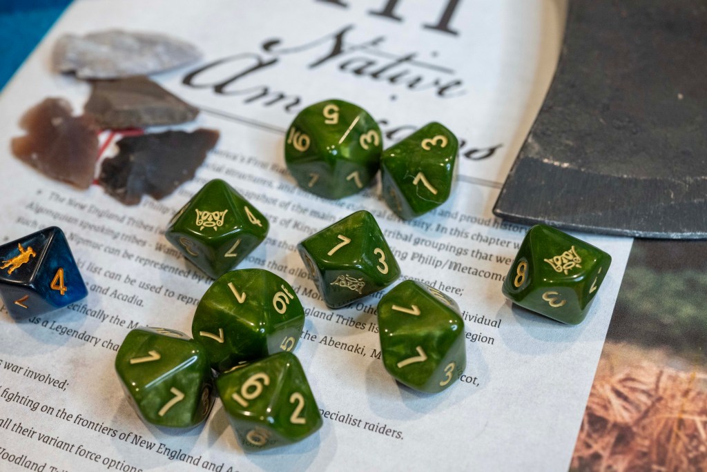 Native Dice, arrow heads and tomahawk from Baron of Dice for Blood & Plunder