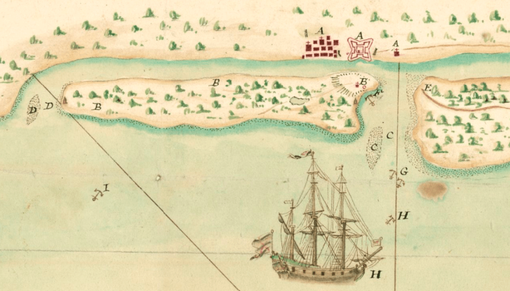 Closeup of a French map depicting the 1702 siege on St. AugustineBibliothèque Nationale de France