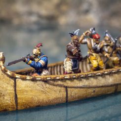 Blood & plunder birchbark canoe full of Native American braves