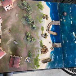 top view of an costal town and trees near a beach